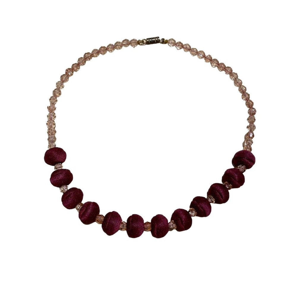 Vintage Burgundy Wine Satin and Pink Plastic Beads Spacers Choker Necklace 14”